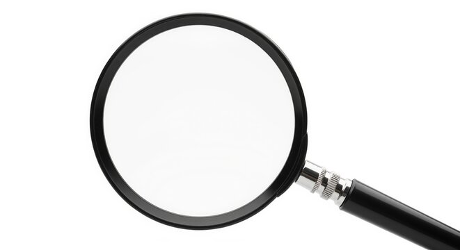 A classic magnifying glass with black handle and clear lens on white background. Perfect for search, investigation, research, and educational materials. Ideal for zoom and discovery concepts.