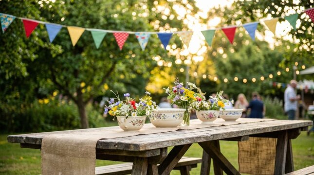 Rustic wooden table with colorful bunting flags in blurred outdoor setting, festive event background, garden celebration concept, cheerful summer atmosphere, realistic detail, no logos