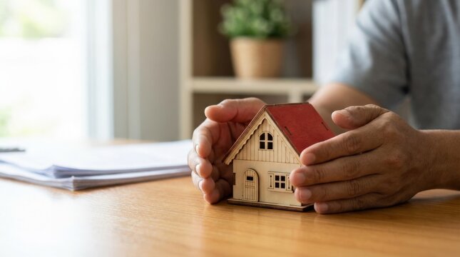 Hands protecting miniature house, home insurance concept, property security, real estate investment, family safety, clean symbolic composition, soft light, realistic detail, no logos