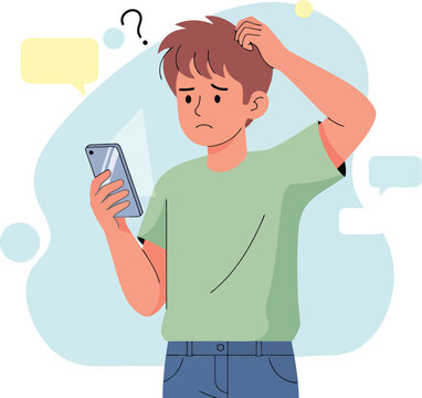 Confused young man looking at smartphone, frustrated male character with question mark, person having mobile phone technical problems