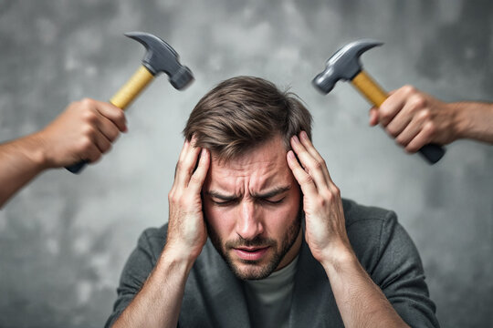 Man suffering from hammering headache pain or migraine symbolized by hammers pounding his head