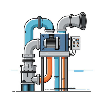 Industrial pump system with pipes, motor, and control panel, flat design illustration