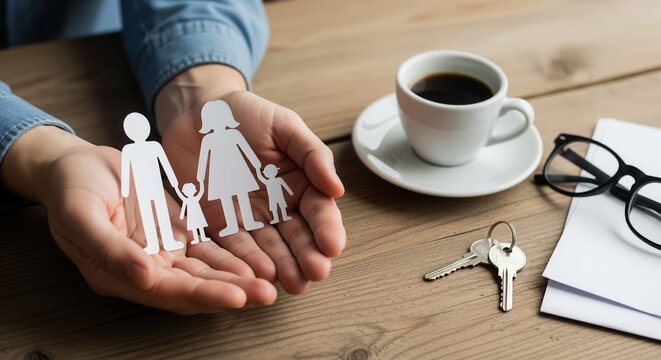 A person holds a white paper family cutout at a wooden desk with coffee, glasses, keys, and documents. Represents family protection, insurance, planning, and care concepts.