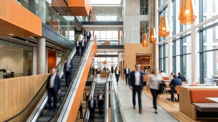 Obraz premium Blurred people walking through a modern spacious building with orange accents, bustling business environment with motion and contemporary design, realistic lighting, no logos