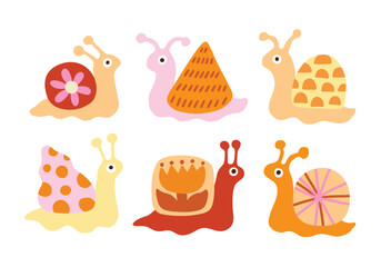 Funny doodle childish snail characters. Cute simple cartoon set. Simple graphic, orange, red and yellow colors. Doodle Nursery snail character. Children's illustration. Print, sticker, dopamine. © Anna