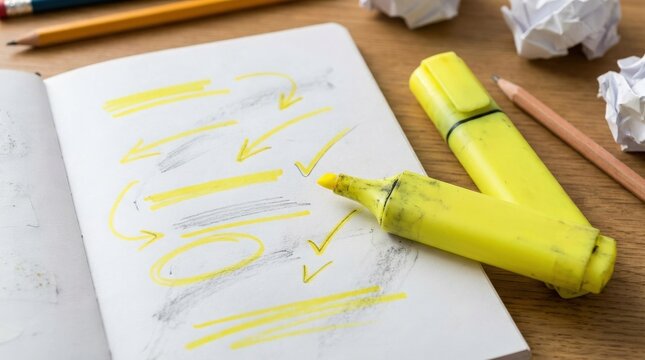 A yellow highlight marker set with underlines, arrows, checks, and circular emphasis marks, rough school-style sketch texture and bright note-taking mood, ultra-realistic, no logos.