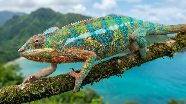 Close-up vibrant chameleon skin, exotic lizard slowly walking on branch, green mountain hills behind, 4K video