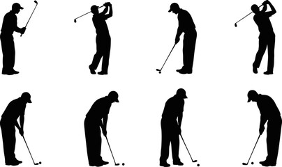 Naklejka premium Golf swing sequence a black silhouette illustration of a golfer's motion