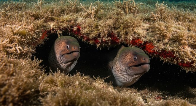 Two Moray Eels Peeking From Rocky Underwater Cave With Kelp