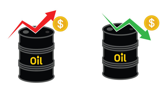 oil price increase and decrease concept with dollar sign and arrows. Oil barrel icons with upward and downward trending arrows. Vector illustration.