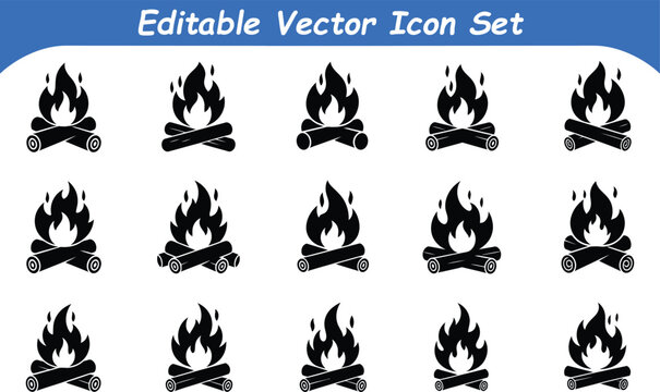 Editable vector icon set: campfire and fireplace graphics with campfire