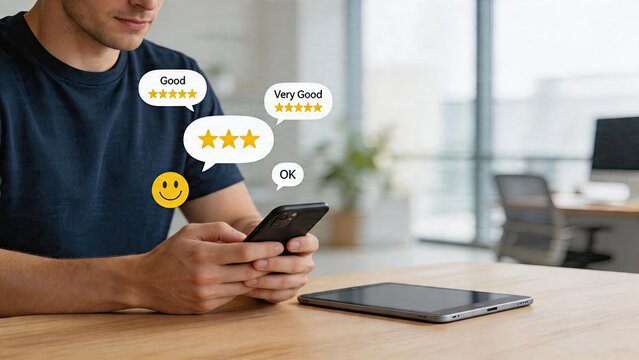Businessman holding smartphone receiving positive ratings reviews online in office with chat bubbles showing good star feedback for customer satisfaction and reputation management