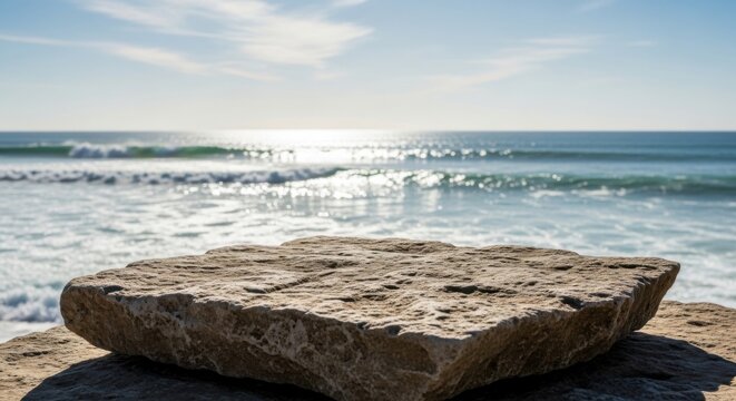 Textured rock foreground ocean waves background sunny day
