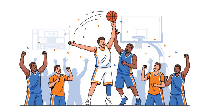 Illustration of a basketball player dunking the ball while teammates and opponents celebrate in the background with confetti.