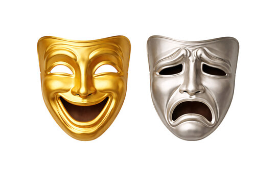 Gold and silver theater masks representing comedy and tragedy on png isolated transparent