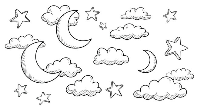 Handdrawn doodle set of crescent moons, stars, and fluffy clouds