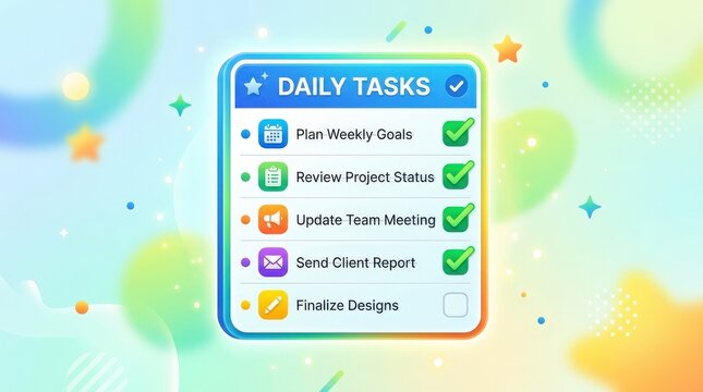 Colorful checklist icon with checkmarks, clean approval and task completion concept on a bright modern background, crisp detail, no logos