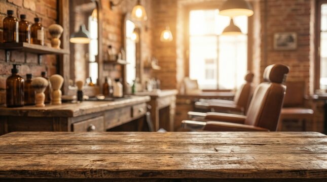 Empty wooden table in blurred barbershop interior, product display surface, grooming salon background, stylish masculine setting, shallow depth of field, warm light, realistic detail, no logos