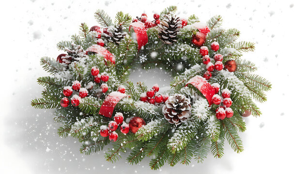 Festive Christmas wreath with pine cones and red berries isolated on transparent background