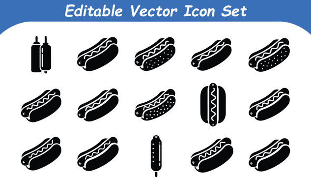 Collection of 15 hot dog and condiment icons vector silhouette fast food
