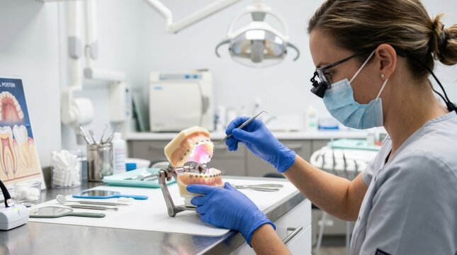 Dental professional working on jaw model with illuminated teeth, precision dental instrument, orthodontic training or treatment concept, clean clinical light, realistic detail, no logos