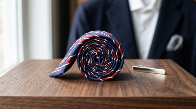 Rolled blue red and white striped tie, stylish menswear accessory with clean minimal composition and classic fashion appeal, realistic detail, no logos