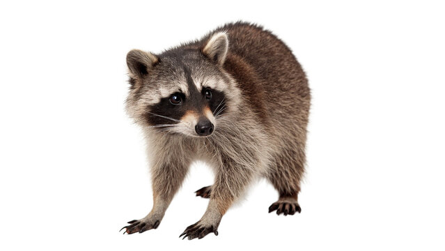 Raccoon standing on its hind legs indoors isolated on transparent background