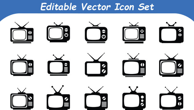 Set of black vintage television and tv icons with television, broadcast