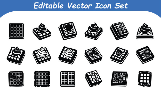 Editable vector icons set of waffles and squares with whipped cream, breakfast