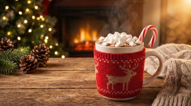 Cozy Christmas hot chocolate mug with marshmallows and candy cane, festive winter drink concept, warm seasonal atmosphere, soft holiday glow, realistic detail, no logos