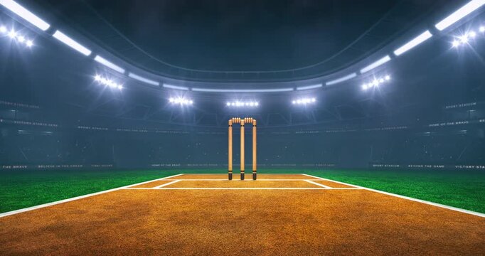 Cricket field at a sports stadium in foggy weather with shining floodlights and fans ready for an upcoming nighttime sports event. Loopable professional sports advertisement video background.