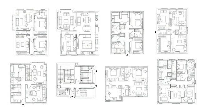 Set of architectural floor plans of residential houses with furniture layout