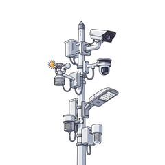 Fototapeta premium Smart City Pole with Surveillance Cameras, Streetlight, and Weather Sensors