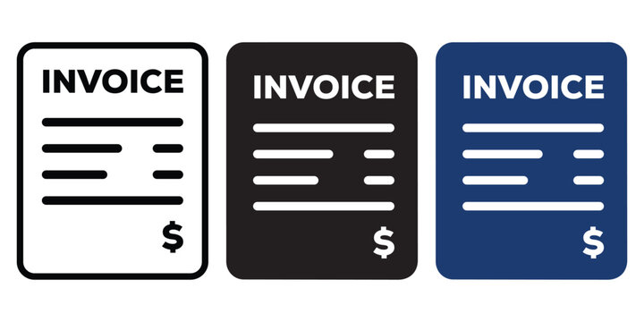 Invoice icon set in blue and black colors billing document symbol with dollar sign business and financial payment receipt vector illustration