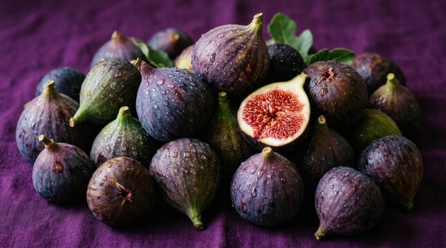Close-up pile of fresh figs with water droplets on purple background, vibrant fruit still life with rich texture and bold contemporary color contrast, realistic detail, no logos