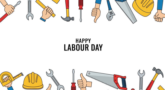 Happy Labour Day Celebration Background with Construction Tools and Hand Gestures