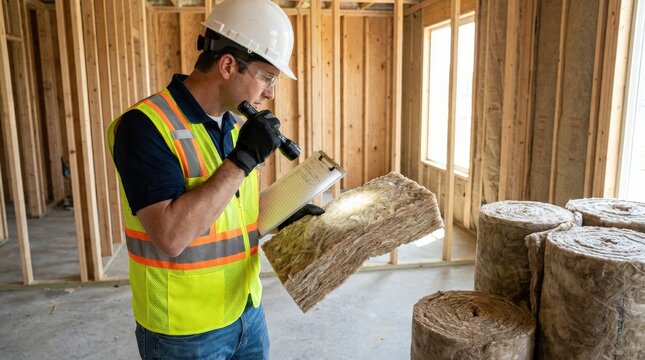 Focused worker inspecting insulation material in safety gear, construction quality control, building efficiency, professional site work, realistic detail, no logos