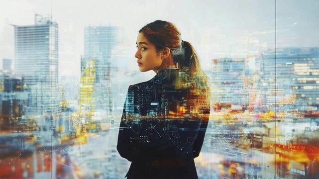 A confident professional woman gazes at a vibrant city skyline, embodying ambition and determination, set against an urban backdrop of dazzling lights and innovation.