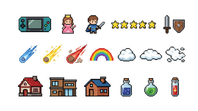 Pixel Game Asset Set, Retro 8bit RPG Icons Character UI Elements Sprite Pack