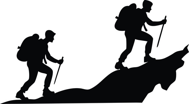 Two hikers climbing mountain with trekking poles