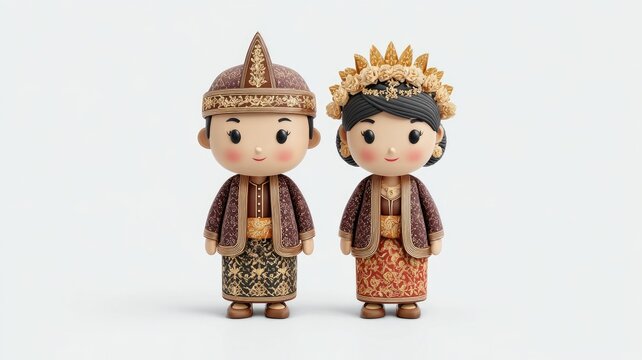 Charming 3D Javanese Wedding Couple Dolls in Ornate Traditional Batik Attire
