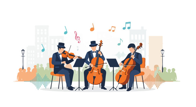 Illustration of three musicians playing violin, viola, and cello in a stylized city setting with musical notes floating above them.
