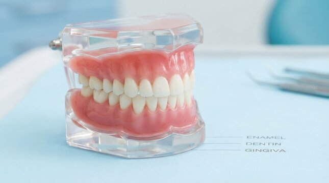 Detailed human dental jaw model with healthy upper and lower teeth and gums, oral hygiene and anatomy education concept, clinical clarity, clean medical background, realistic detail, no logos