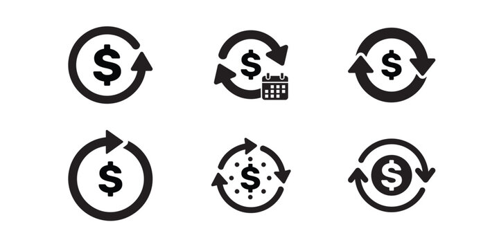 Set of money circulation icons, financial cycle symbols, dollar sign with arrows, recurring payment, cash flow, investment return
