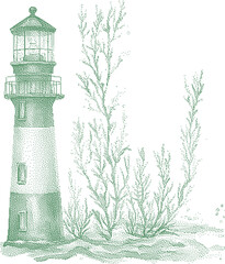 Lighthouse with seaweed on a white background stippled illustration for maritime themes © rokeya