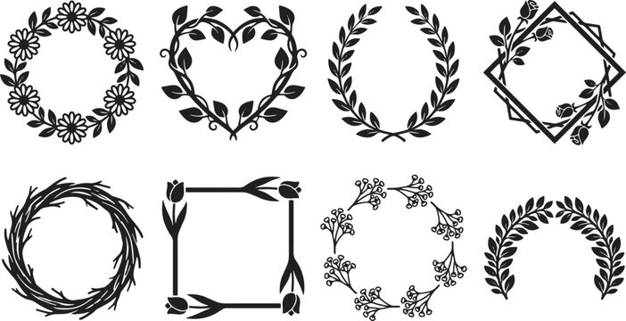 Set of elegant black silhouette floral wreaths and frames for various designs.