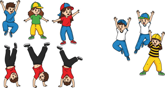 Cartoon Kids Dancing and Doing Handstands &ndash; Active Children Clip Art