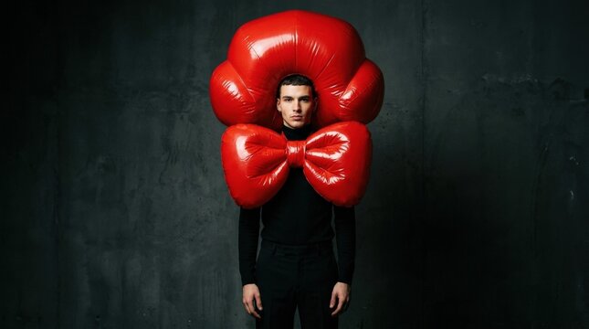 Young man wearing oversized red inflatable headpiece and matching bow tie, high-concept fashion portrait with bold proportions and graphic studio contrast, realistic detail, no logos