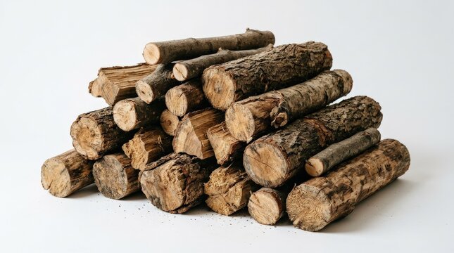Rough natural wood pieces stacked on white background, organic material texture for rustic design, carpentry, and nature concepts, realistic detail, no logos