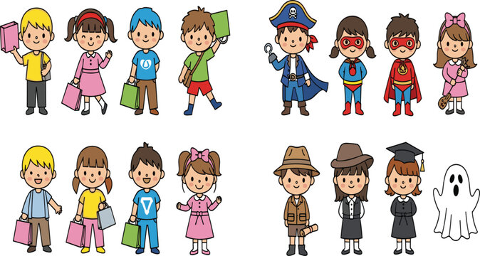 Cute Cartoon Children in Various Costumes and Outfits Clip Art Set